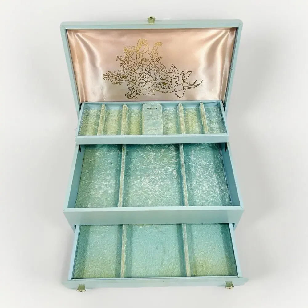 Vintage Lady Buxton Style Jewelry Box Chest MCM Blue Faux Leather Velvet Lined